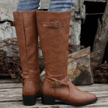 Botas altas de tacón grueso y punta puntiaguda extraanchas para mujer, de color marrón, nuevas para otoño/invierno, con cremallera lateral y hebilla, botas largas tipo equitación - Marrón - Ver 5