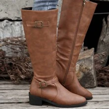 Botas altas de tacón grueso y punta puntiaguda extraanchas para mujer, de color marrón, nuevas para otoño/invierno, con cremallera lateral y hebilla, botas largas tipo equitación - Marrón - Ver 4