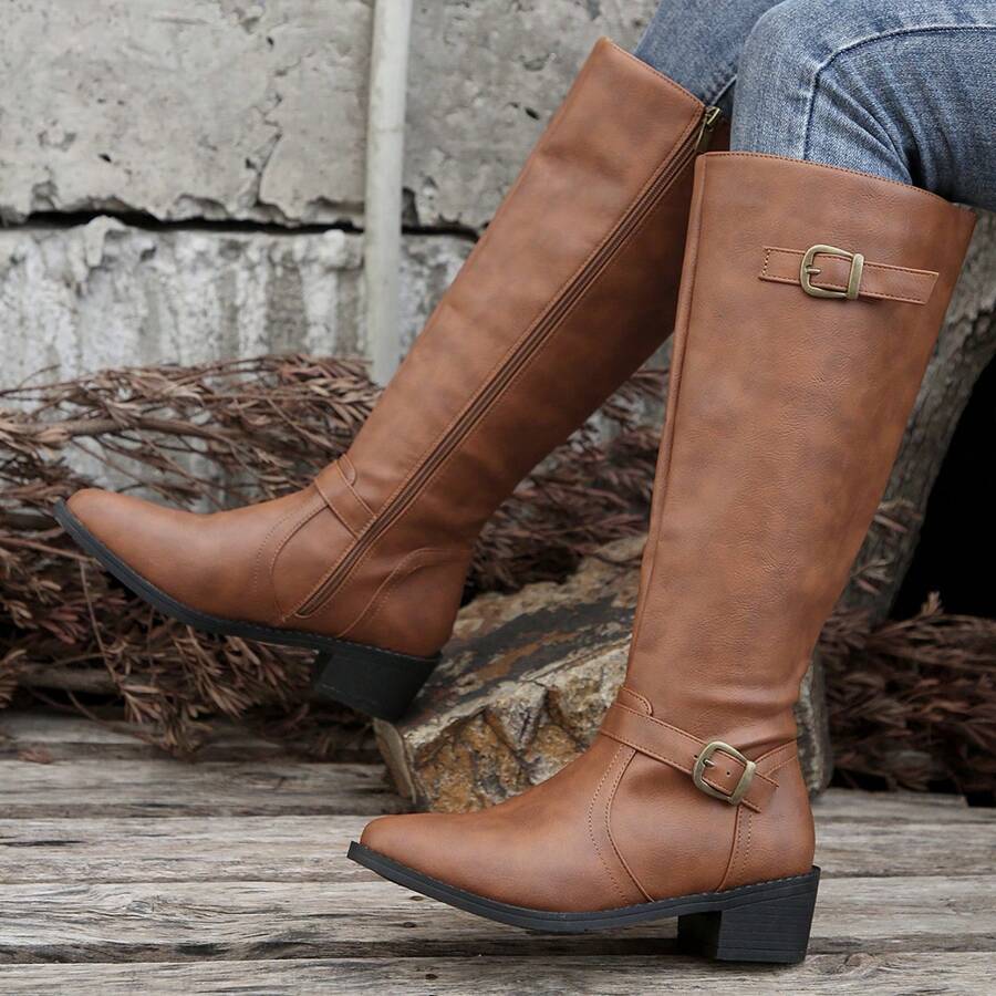 Botas altas de tacón grueso y punta puntiaguda extraanchas para mujer, de color marrón, nuevas para otoño/invierno, con cremallera lateral y hebilla, botas largas tipo equitación - Marrón - Ver 1