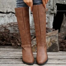 Botas altas de tacón grueso y punta puntiaguda extraanchas para mujer, de color marrón, nuevas para otoño/invierno, con cremallera lateral y hebilla, botas largas tipo equitación - Marrón - Ver 6