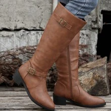 Botas altas de tacón grueso y punta puntiaguda extraanchas para mujer, de color marrón, nuevas para otoño/invierno, con cremallera lateral y hebilla, botas largas tipo equitación - Marrón - Ver 3
