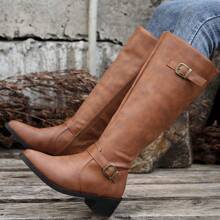 Botas altas de tacón grueso y punta puntiaguda extraanchas para mujer, de color marrón, nuevas para otoño/invierno, con cremallera lateral y hebilla, botas largas tipo equitación - Marrón - Ver 7