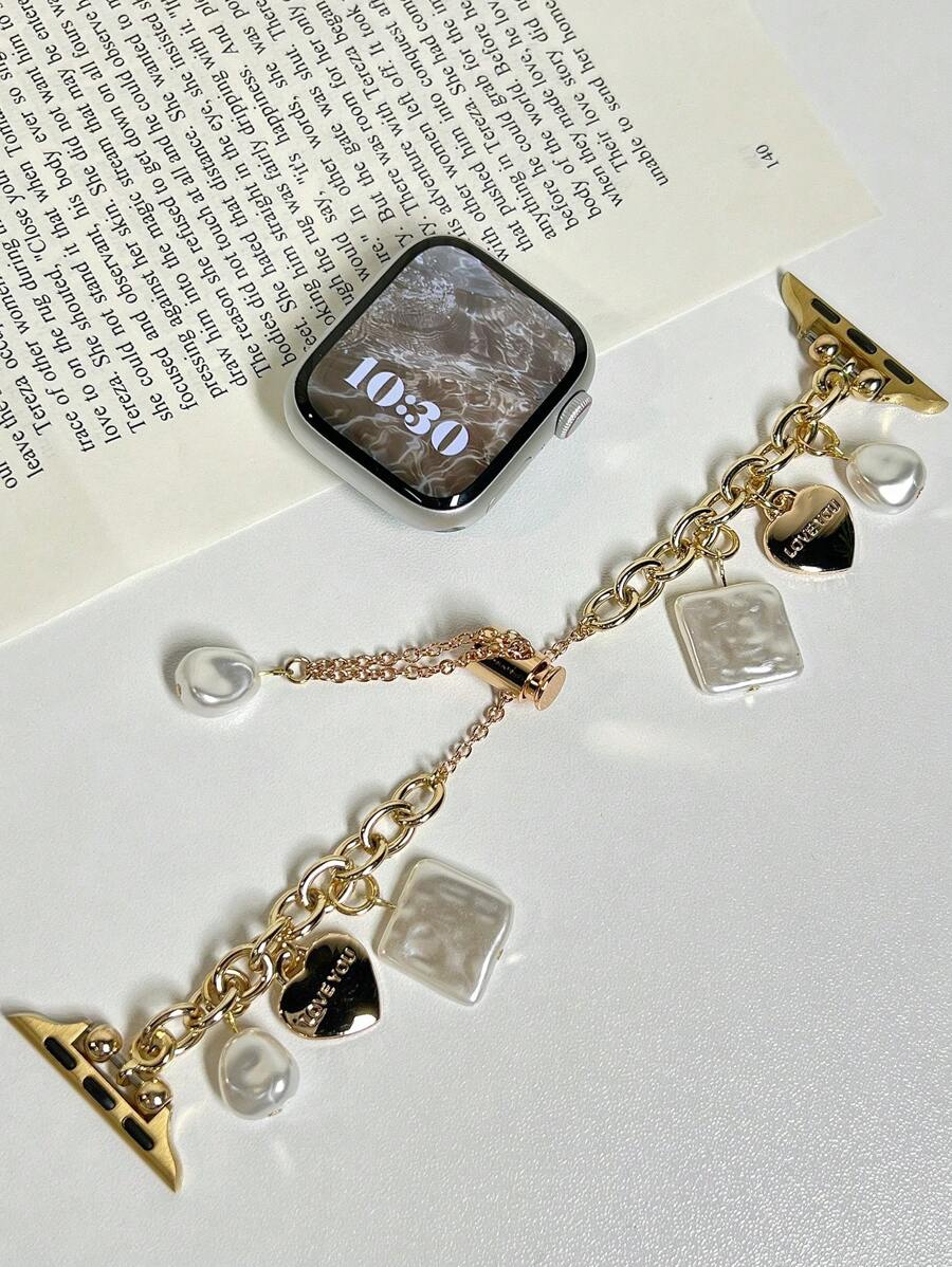 1 chiếc dây đeo hình trái tim ngọc trai vuông màu vàng sang trọng dành cho nữ tương thích với Apple Watch Series SE 10 9 8 7 6, phù hợp với Apple Watch Ultra/SE/8/7/6/5/4/3/2/1 38/40/41/42/44/45/49mm