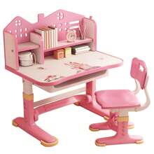 Kids Functional Desk Chair Set, Height Adjustable Children School Study Desk With Castle Backboard, Widened Desktop, Bookstand And Storage Drawer - Pink - View 8