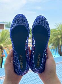 女士夏季镂空平底水晶果冻凉鞋，封闭式鞋头，柔软沙滩鞋 - 藍色 - 查看 2