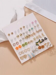 30 对时尚粉色心形和花朵耳钉套装