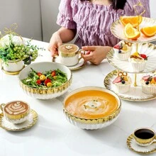 2pcs Luxury Gold Trimmed Salad Bowl Set (8" & 60oz), Ceramic Bowls For Pasta, Fruit, Serving, Large Capacity Salad & Noodle Bowls, Kitchen Dinnerware,Kitchen,Christmas Gift - Gold - View 6