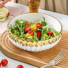 2pcs Luxury Gold Trimmed Salad Bowl Set (8" & 60oz), Ceramic Bowls For Pasta, Fruit, Serving, Large Capacity Salad & Noodle Bowls, Kitchen Dinnerware,Kitchen,Christmas Gift - Gold - View 3