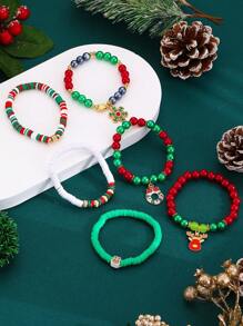 Fashionable New Christmas Soft Clay Handmade Bead Letter Santa Claus, Snowflake, Reindeer Stretch Bracelet Set, Suitable For Women Daily, Party, Holiday Wear
