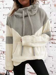 Sudadera de punto con capucha y cordón, diseño de bloques de color, talla grande, manga larga, sudadera tipo pullover con bolsillos, prenda casual y cálida para otoño, invierno y primavera - Gris - Ver 2