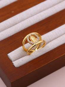 1pc DIY New Virgin Mary Classic Ring, Copper Micro-Inlay CZ Plated 18K Gold Women Girls Faith Virgin Mary Ring