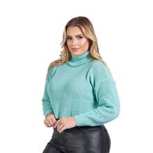 Cropped High Neck Long Sleeve Knitting - Green Water - View 1