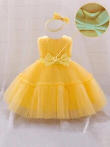Einfarbiges Kleid aus Netzsatin mit Schleife an der Taille und bauschigem Rock für Kleine Mädchen mit Haar-Accessoire, süß und elegant