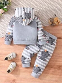 Baby Boy 2st Set, Huvtröja med elefanttryck och Casual Byxor, För 6 månader till 2 år - Grå - Visa 3