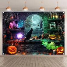 Happy Halloween Background Cloth - High Definition Polyester Fiber Witch And Ghost Castle Theme, With Moon, Ghost, Pumpkin, Bat, Purple Green Potion, Black Cat - Multicolor - View 2