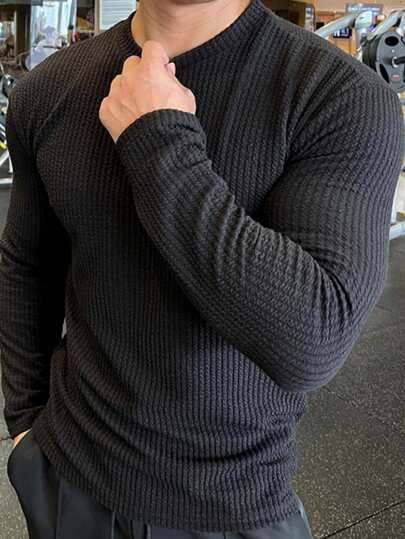 Camiseta de manga larga con textura acanalada de moda sencilla para hombres, para el otoño