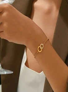 日韩风格双环方晶锆石装饰手链女士不锈钢配饰适合约会和日常佩戴 - 金黃色 - 查看 1