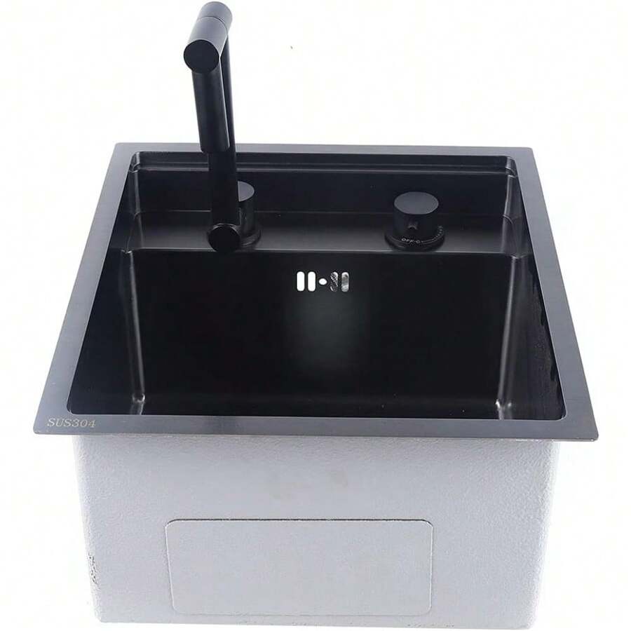 CNCEST Single Bowl Kitchen Bar Sink - Black Hidden Drop-In Undermount Sink Single Bowl, Commercial Rectangular Kitchen Sink With Folding Faucet Drain Kit - 黑色 - 查看 1