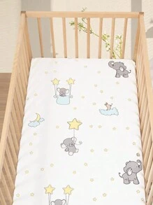 1pc 120 X 60 Cm All-Cartoon Crib Sheet & Mattress Cover Set, Breathable, Absorbent, Suitable For All Seasons, Cute Cartoon Print Design Love Valentine - Elephant - View 3