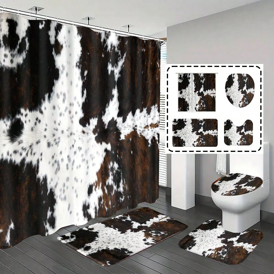 [Popular Choice] 1pc/4pcs Bathroom Shower Curtain Set, Cow/Milk Pattern Design Bathroom Decor, Classic Luxury Bathroom Suite With 12 Hooks Included Fall Decor Bathroom Accessories Back To School - Multicolor - View 1