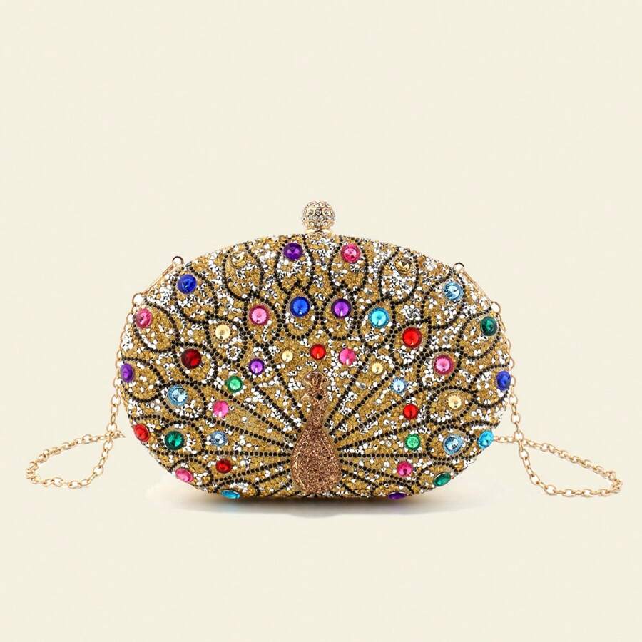 Circular Design Women Evening Bags Rhinestones Party Wedding Bridal Clutch Bag Diamonds Metal Peacock Animal Small Handbags With Chain Shoulder - Gold - View 1