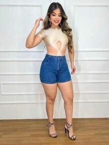Women's High Waisted Jean Shorts - 深色水洗藍 - 查看 2