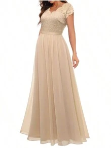 Long Bridesmaid Party Dress With Elegant Lace - Rượu sâm banh - Xem 3