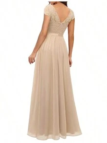 Long Bridesmaid Party Dress With Elegant Lace - Rượu sâm banh - Xem 2