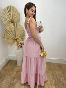 Elegant Women's Long Dress Striped Três Marias With Tie Strap - 紅色 - 查看 2