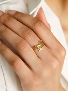 Customized Multi-Name Ring, Personalized Adjustable Stainless Steel Nameplate Ring Suitable For Women, Couples, Family, 18K Gold Plated Pendant Jewelry, Fashionable Wedding Accessories, Birthday, Mother's Day Gift, Golden Fashion, Autumn, Retro, Unisex, Minimalist, Casual, Gothic, Punk, Customized, Personalized, Unique, Friend Anniversary Gift - Yellow Gold - View 9