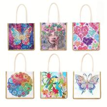 1set Reusable Floral Butterfly Girl Pattern DIY Diamond Painting Tote Bag, Sparkling Asymmetrical Diamond Casual Shopping Bag With Handles For Adults, Suitable For Outdoor & Mall Use - Multicolor - View 13