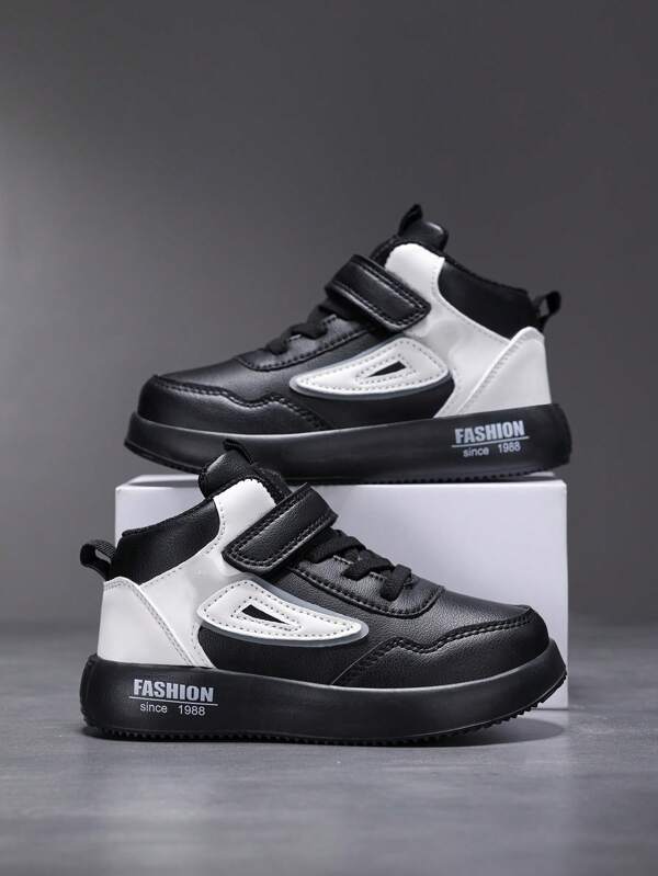 1 Pair Kids High-Top Sports Shoes, Black & White, Comfortable Casual Sneakers For Boys/Girls