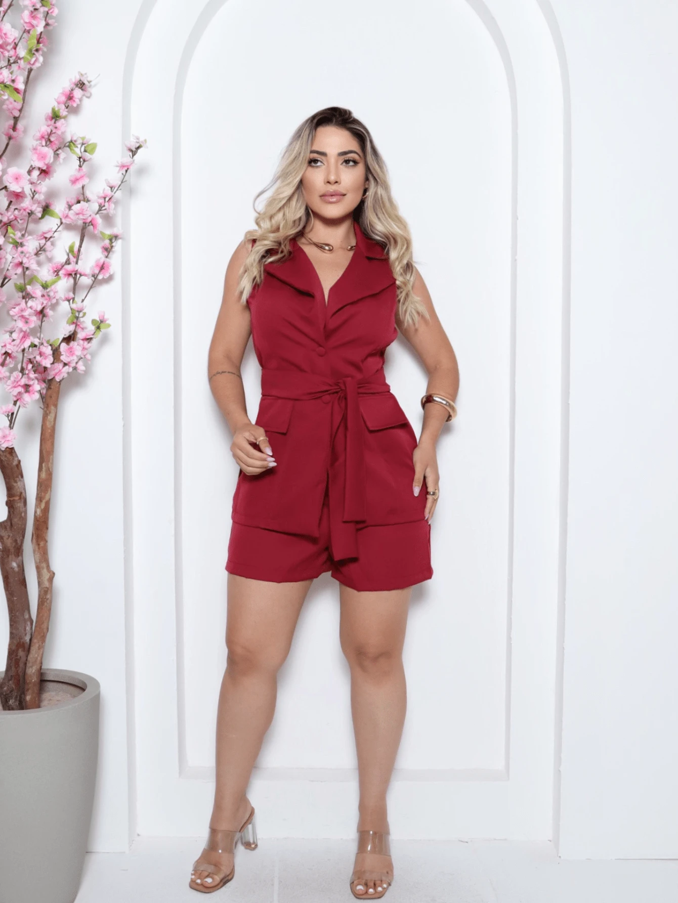 Tailored Short Vest Set - 紅木色 - 查看 1