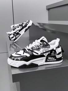 Leather Thick Sole Leisure Shoes, Men's Popular Casual Canvas Shoes With Printed Pattern (Random Pattern)