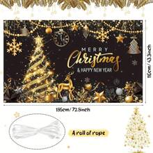 1pc, Party Background Curtain Set - Polyester Black And Gold Christmas&New Year Theme - Multi Functional Festival Curtain With Christmas Tree And Decorations - Suitable For Holiday Celebrations And New Year's Eve Photography Decoration,Christmas - Multicolor - View 2
