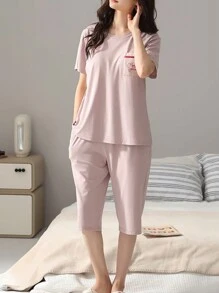 2pcs Women's Modal Pajama Set, Short Sleeve Top & 3/4 Pants, Soft And Comfortable Loungewear