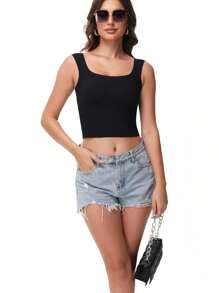 Women's Tight Fitted Widened Square Neck Tank Top With Built-In Bra Pads Sleeveless Air Touch Fabric - 黑色 - 查看 3
