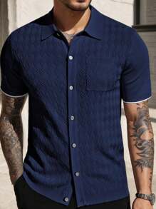 Men's Short-Sleeved Casual Knitted Textured Button-Down Polo Shirt (With Pockets) Suitable For Daily Wear And Travel - 藏蓝色 - 查看 6
