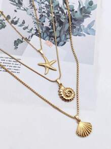 3pcs Set Fashionable Ocean Style Stainless Steel Necklace Set With Starfish/Shell/Conch Pendants, Can Be Used As Gifts - Silver - View 1