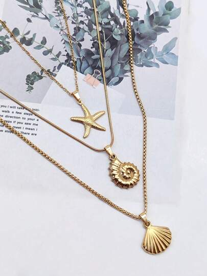 3 piezas/Set de collar con tema marino de acero inoxidable a la moda - colgantes de estrella de mar, concha, caracol, idea de regalo