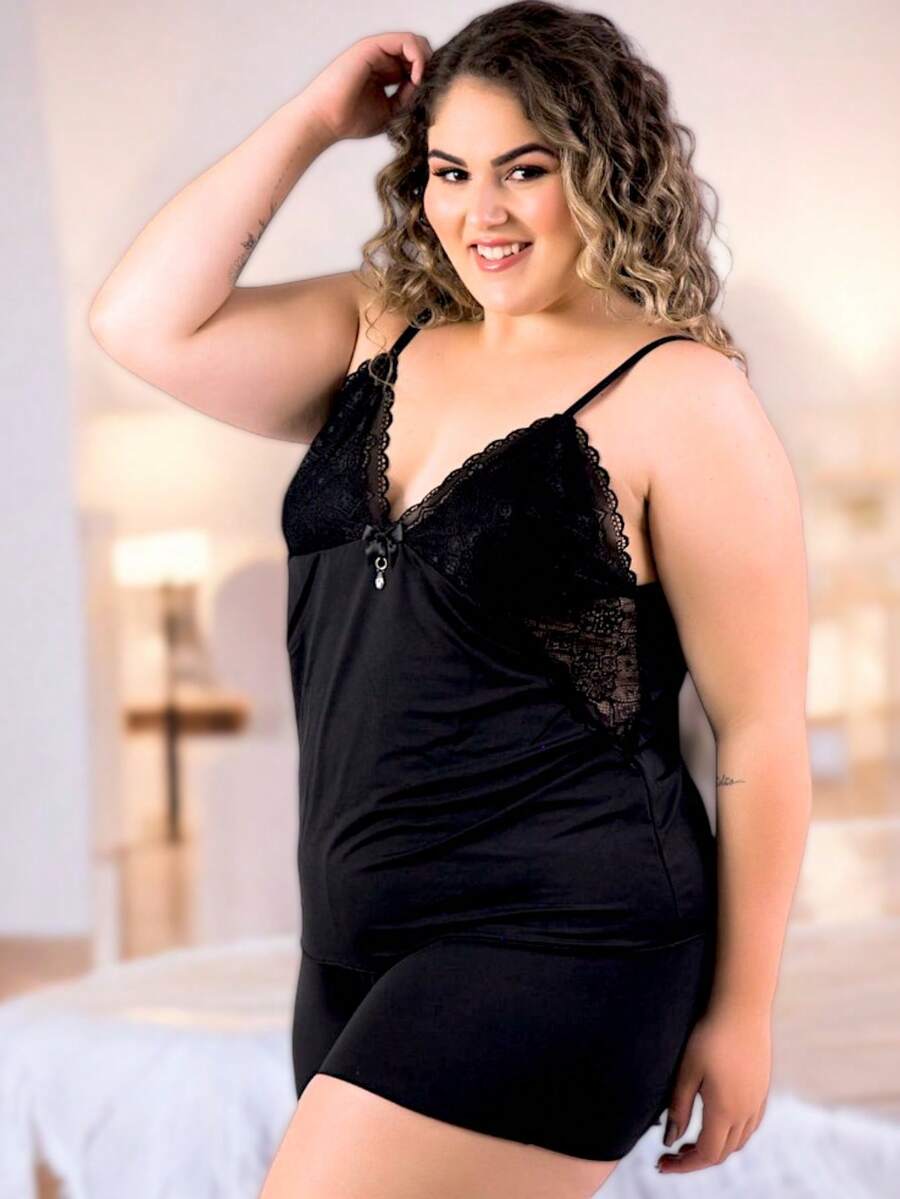 Baby Doll Plus Size Lace Summer 50 To 62 Short Doll Women's Lace Pajamas 52 54 56 58 60 62 Short Dool - 黑色 - 查看 1