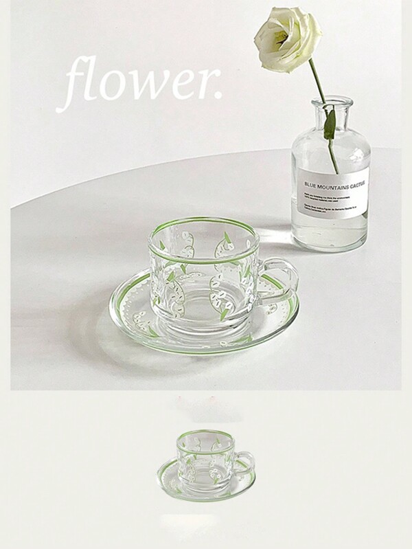 1pc Summer Glass Cup & Saucer Set, New Arrival, Ins Style Korean Coffee Cup And Saucer, High-End French Afternoon Tea Cup