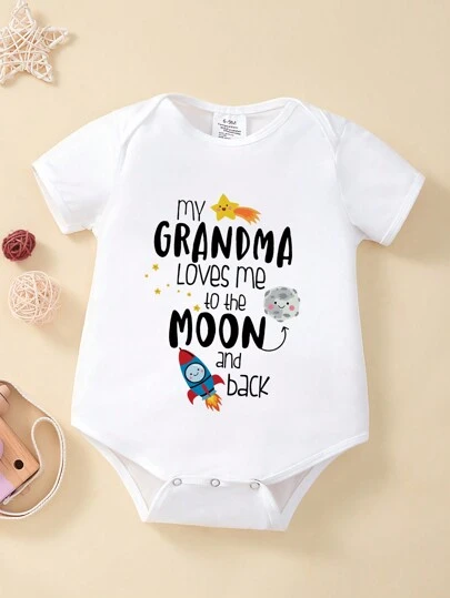 Cartoon Slogan Print Short Sleeve Baby Boy Bodysuit