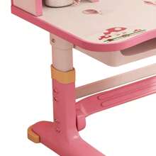Kids Functional Desk Chair Set, Height Adjustable Children School Study Desk With Castle Backboard, Widened Desktop, Bookstand And Storage Drawer - Pink - View 9