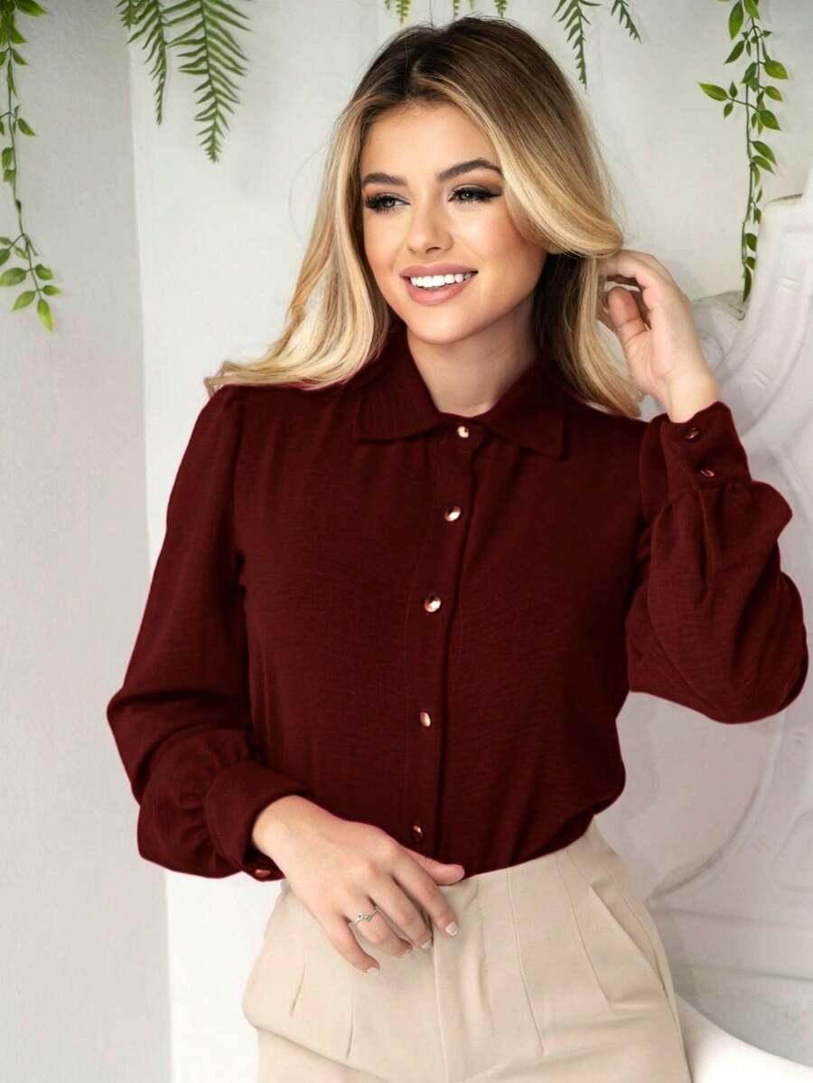 Women's Social Shirt With Button Long Sleeve Fashion Super Shipping!! - 酒紅色 - 查看 1