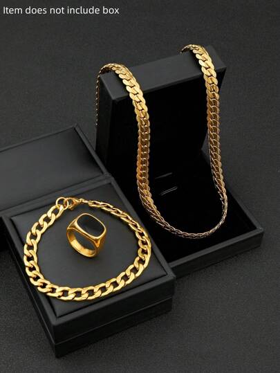 Conjunto de joyas para hombre: cadena gruesa dorada, pulsera repujada, anillo - Joyería de acero inoxidable de estilo hip hop adecuada como regalo para fiestas y vacaciones (El artículo no incluye caja)