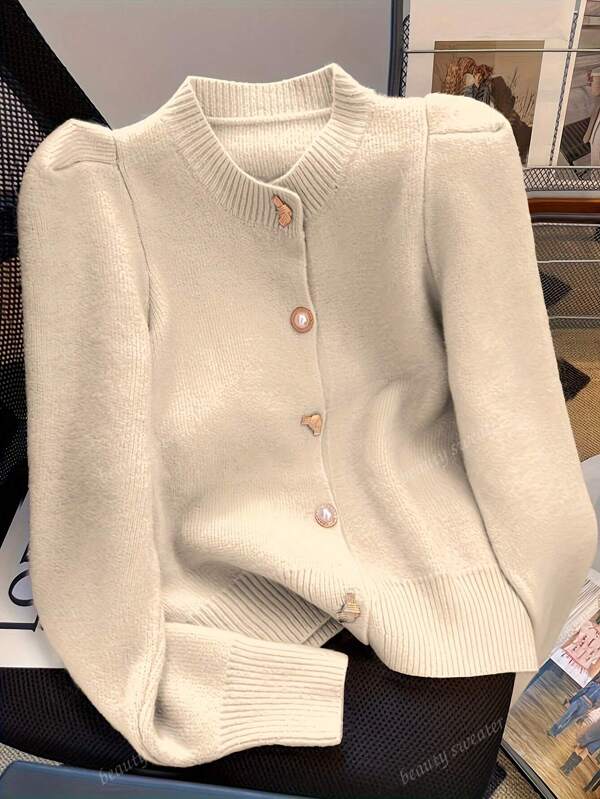 Chunky Knit Oversized Cardigan Sweater For Women, Puff Sleeves, Loose Fit Spring Autumn,Long Sleeve Tops
