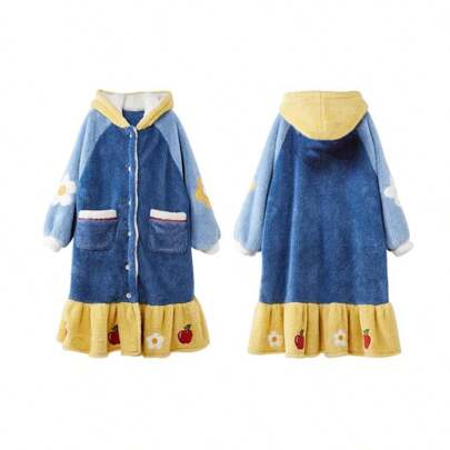 1 Pieza Pijama de Terciopelo, Pijama de Felpa de Dibujos Animados, Camisón de Tela Polar con Capucha para Mujer, Ropa de Rormir de Manga Larga, Pijama Gruesa y Cálida, Bata Suave Polar, Bata Larga de Pijama Kawaii.