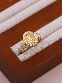 1pc DIY New Virgin Mary Classic Ring, Copper Micro-Inlay CZ Plated 18K Gold Women Girls Faith Virgin Mary Ring