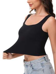 Women's Tight Fitted Widened Square Neck Tank Top With Built-In Bra Pads Sleeveless Air Touch Fabric - 黑色 - 查看 4